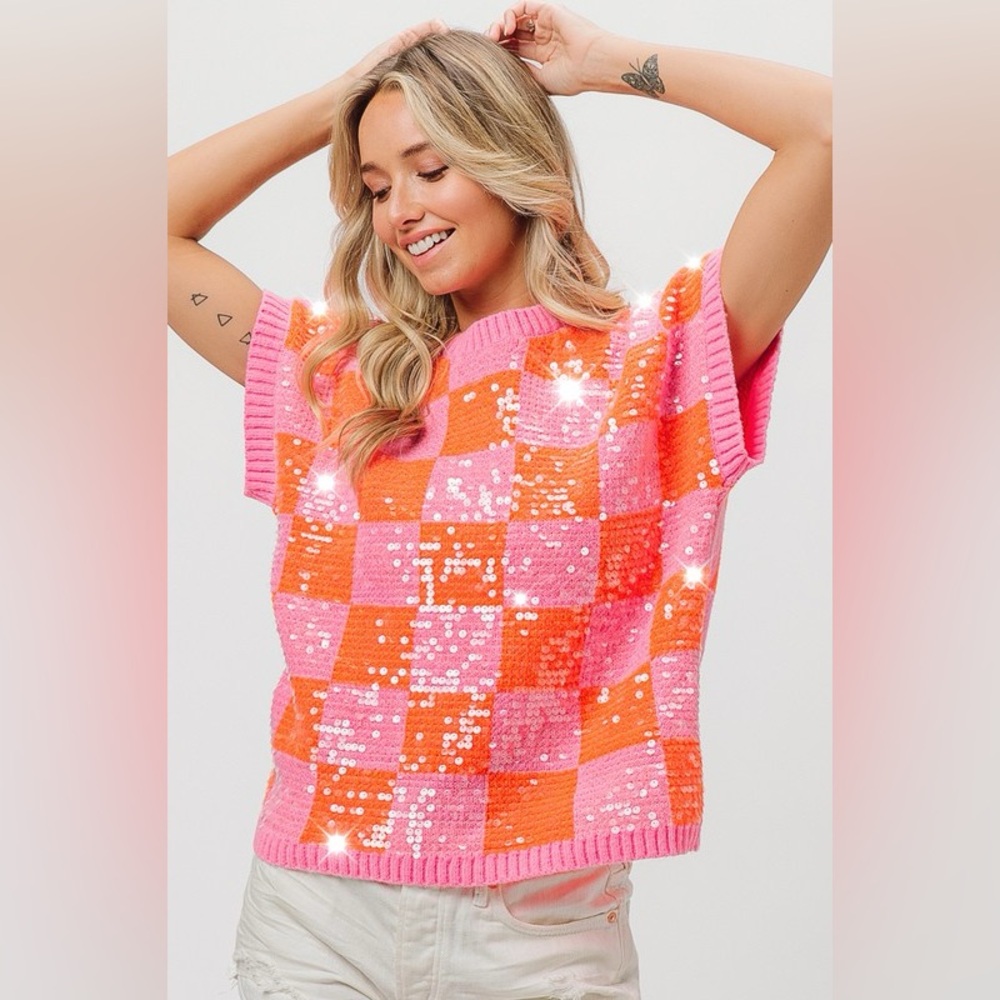 Pink Orange Sequin Checker Plaid Sleeveless Sweater Boho bohemian sweater
